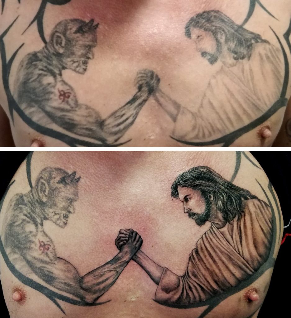 Devil vs Jesus ... touch up in progress.
